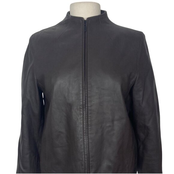 Lord & Taylor Womens Brown Leather Biker Jacket Medium Zip Front Classic Neutral - Picture 3 of 12